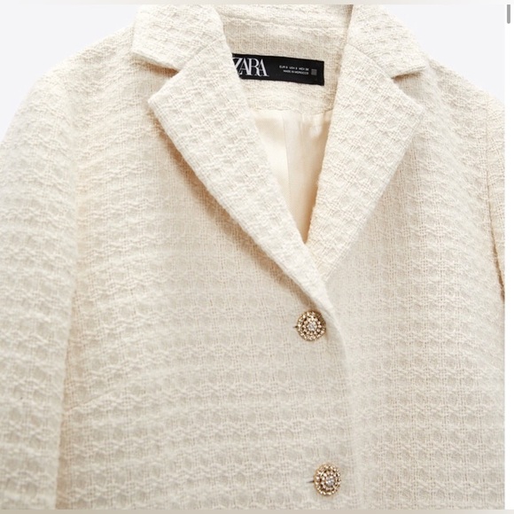 ZARA Cream / white blazer jacket Rhinestones Classy Simple Tweed Sz M - Picture 5 of 16